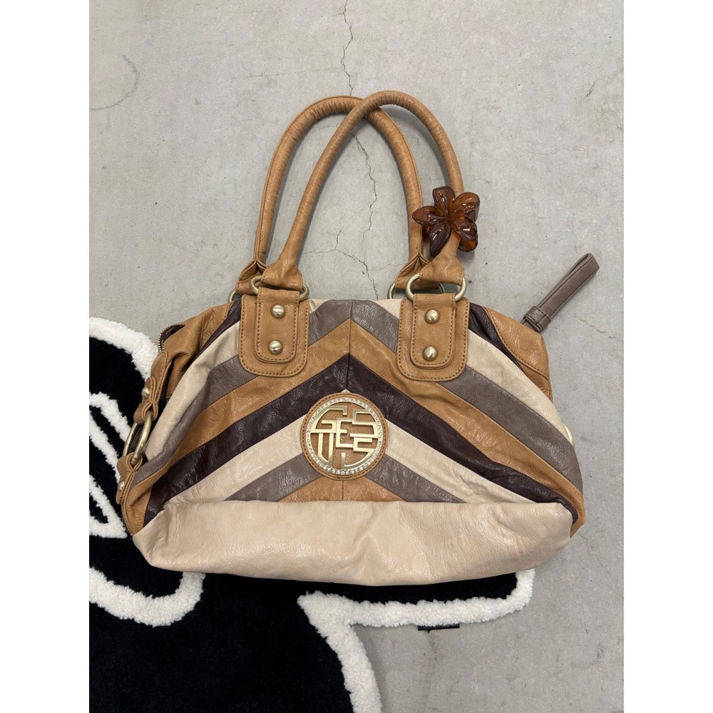 Guess Chevron Panelled Satchel Bag Brown Cream Gold Logo Medallion Rhinestone